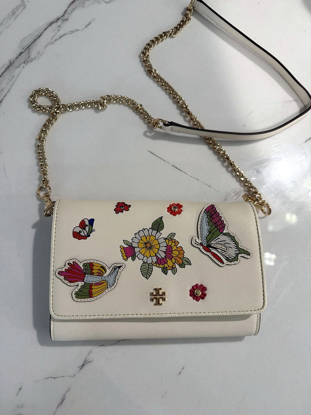 Tory Burch Cream Leather Crossbody with Colorful Floral & Butterfly Appliqués